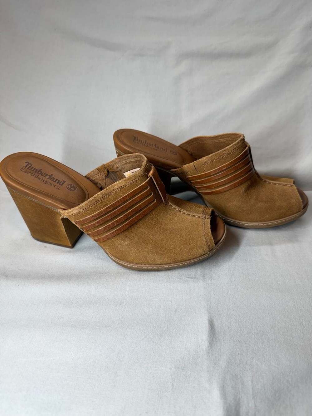 Timberland Earthkeepers Women's Size 8 Brown Suede Peep Toe Clog Heels Y2K , boh